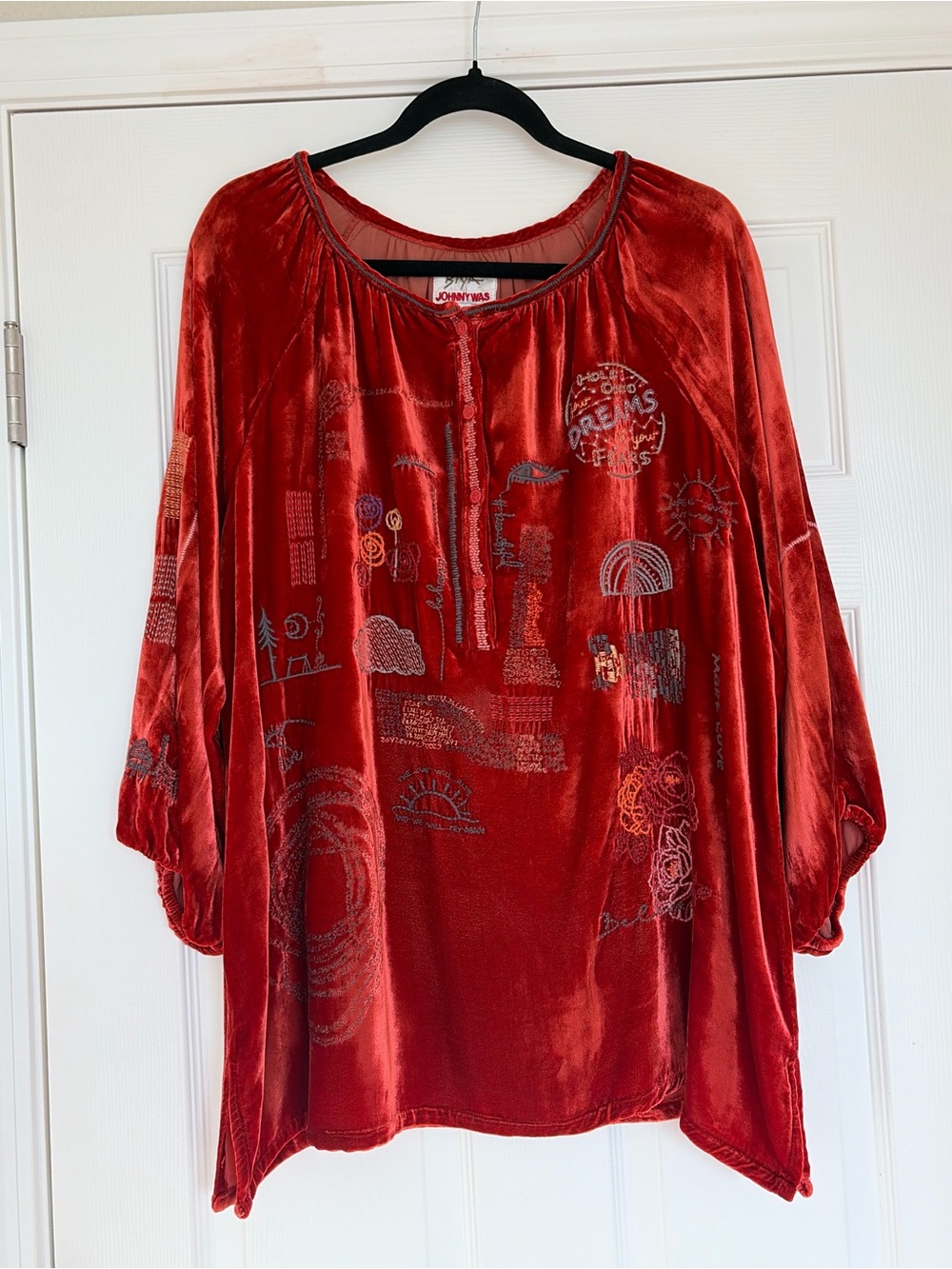 Johnny Was Crimson Velvet Embroidered Tunic L